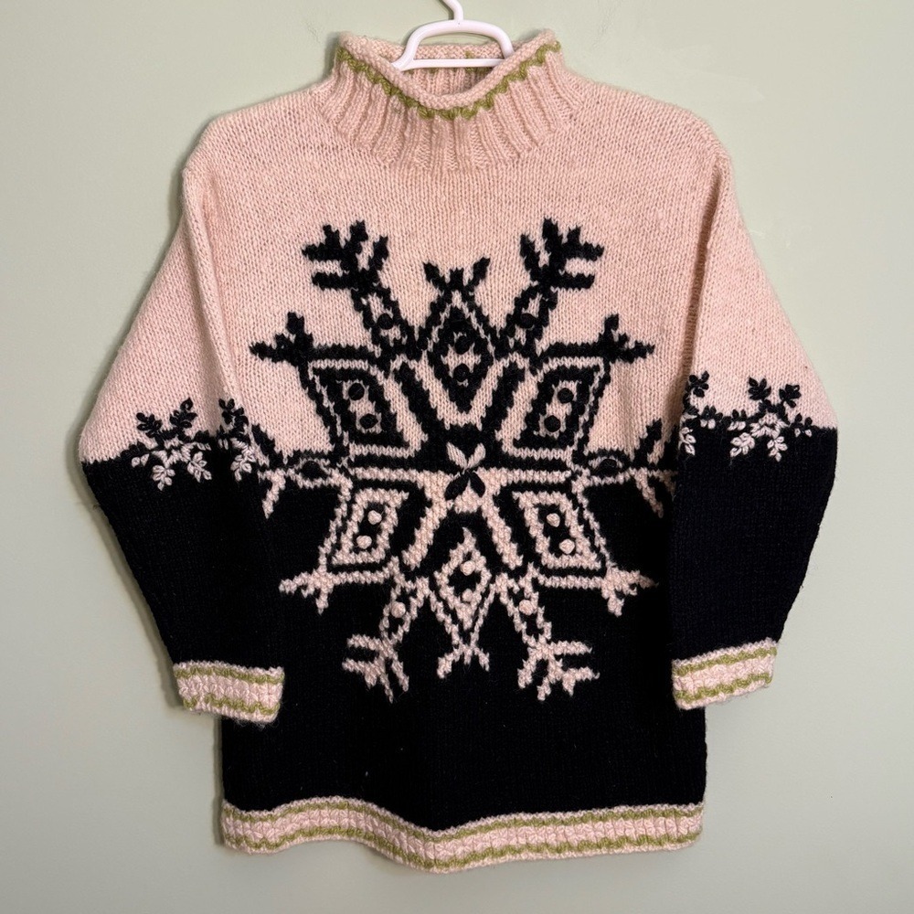 Vintage Express tricot wool high neck, snowflake tunic sweater size S bulky